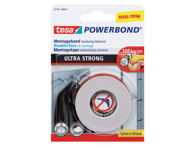 Plakband tesa Ultra Strong dubbelz 1.5mx19mm wit