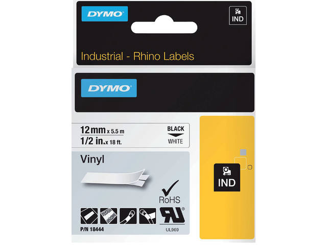 Labeltape Dymo Rhino industrieel vinyl 12mm wit