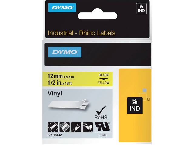 Labeltape Dymo Rhino industrieel vinyl 12mm geel