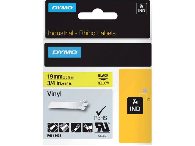 Labeltape Dymo Rhino industrieel vinyl 19mm geel