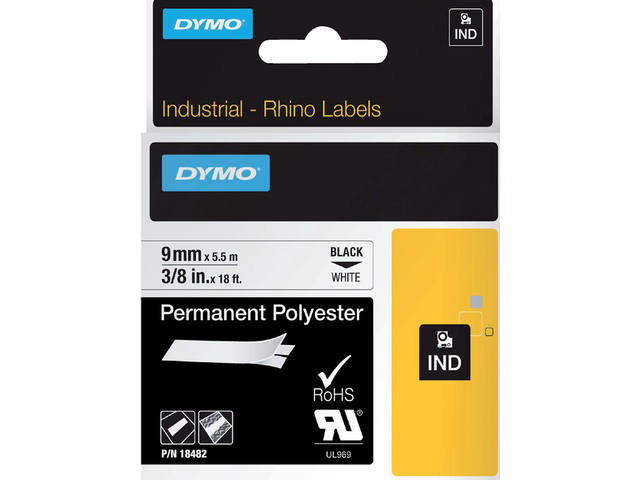 Labeltape Dymo Rhino industrieel polyester 9mm wit