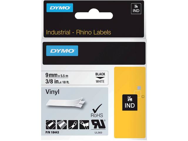 Labeltape Dymo Rhino industrieel vinyl 9mm wit