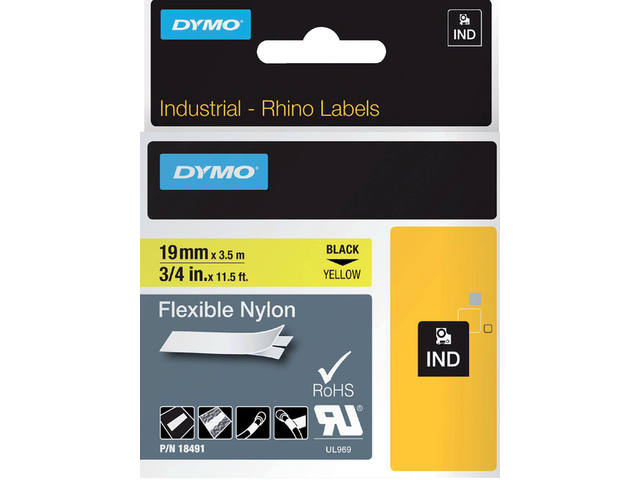 Labeltape Dymo Rhino industrieel nylon 19mm geel
