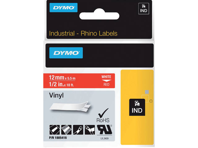Labeltape Dymo Rhino industrieel vinyl 12mm rood