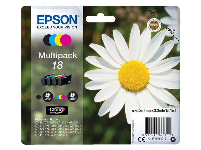 Inktcartridge Epson 18 T1806 zwart + 3 kleuren