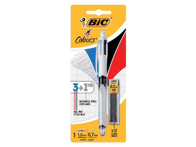 Balpen Bic 3kleuren + vulpotl HB 0.7mm M wit