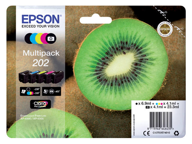 Inktcartridge Epson 202 T02E74 zwart + 3 kl +f-zw